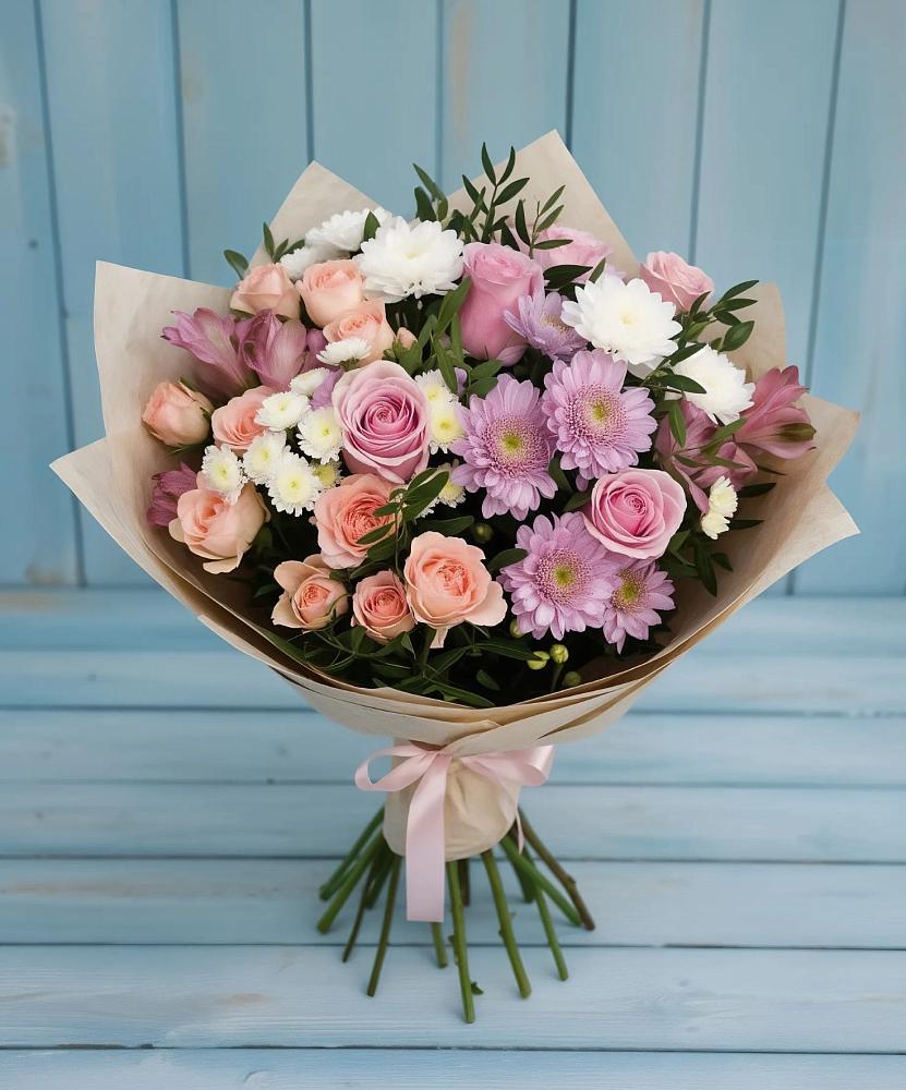 Букет цветов из: Хризантемы, Розы и Альстромерии в Сюмси