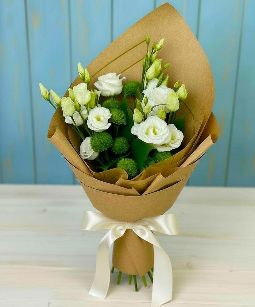 Букет цветов из: Хризантемы и Лизиантусы в Сюмси