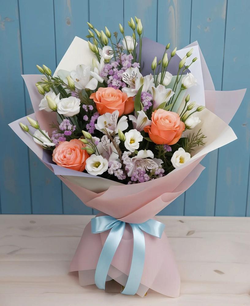 Букет цветов из: Лизиантусы, Розы, Альстромерии и Гипсофила в Сюмси