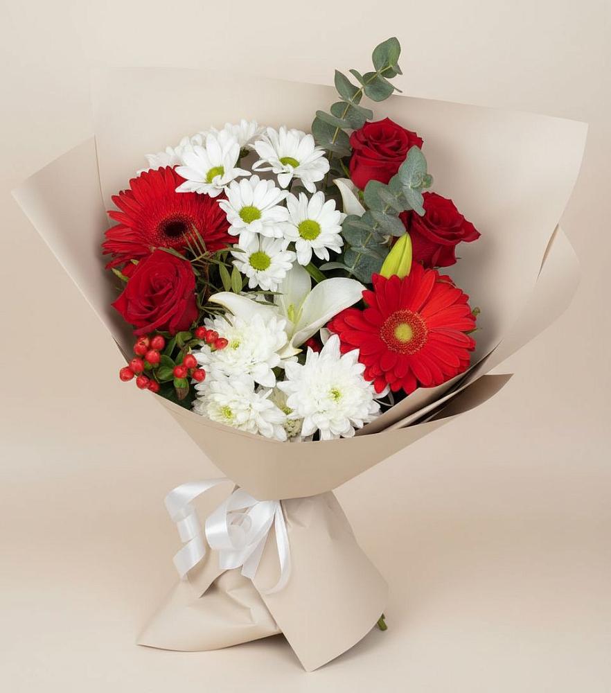 Букет цветов из: Розы, Хризантемы, Герберы и Лилии в Сюмси